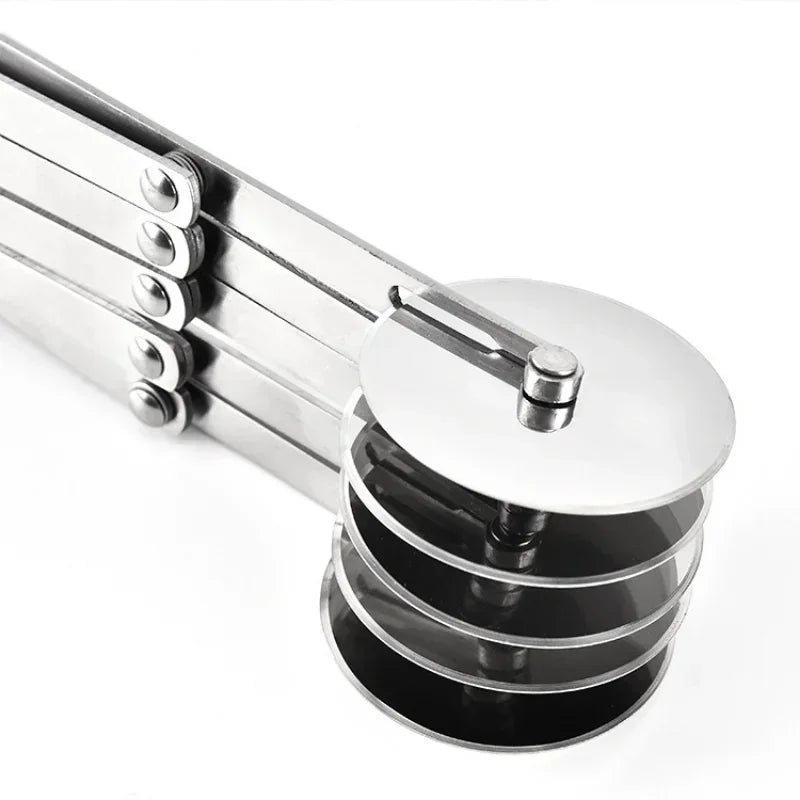 A silver multi-function dough cutter set with multiple circular blades stacked together.