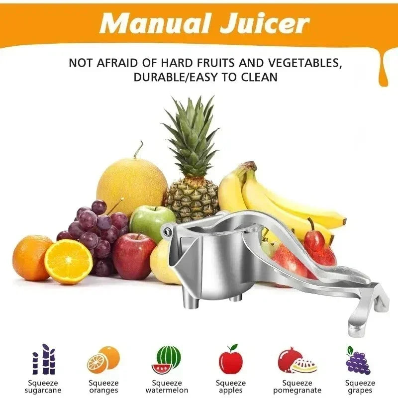 A manual citrus juice squeezer tool shown next to various fruits and vegetables like pineapple, lemons, apples, and bananas.