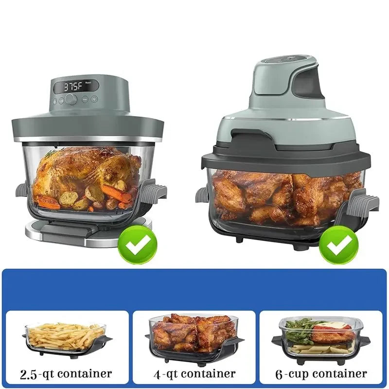 A set of heat resistant silicone handle covers for air fryers shown with various sized containers.