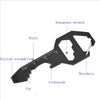 A black multi-tool featuring a hexagonal wrench, slotted screwdriver, corkscrew, and cut edge.