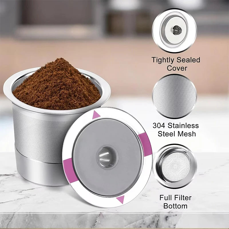 A reusable stainless steel coffee filter with a tightly sealed cover and a full filter bottom is shown on a marble surface.