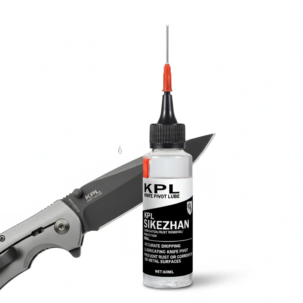 A bottle of KPL Sikezhan knife pivot lube oil next to a knife blade.