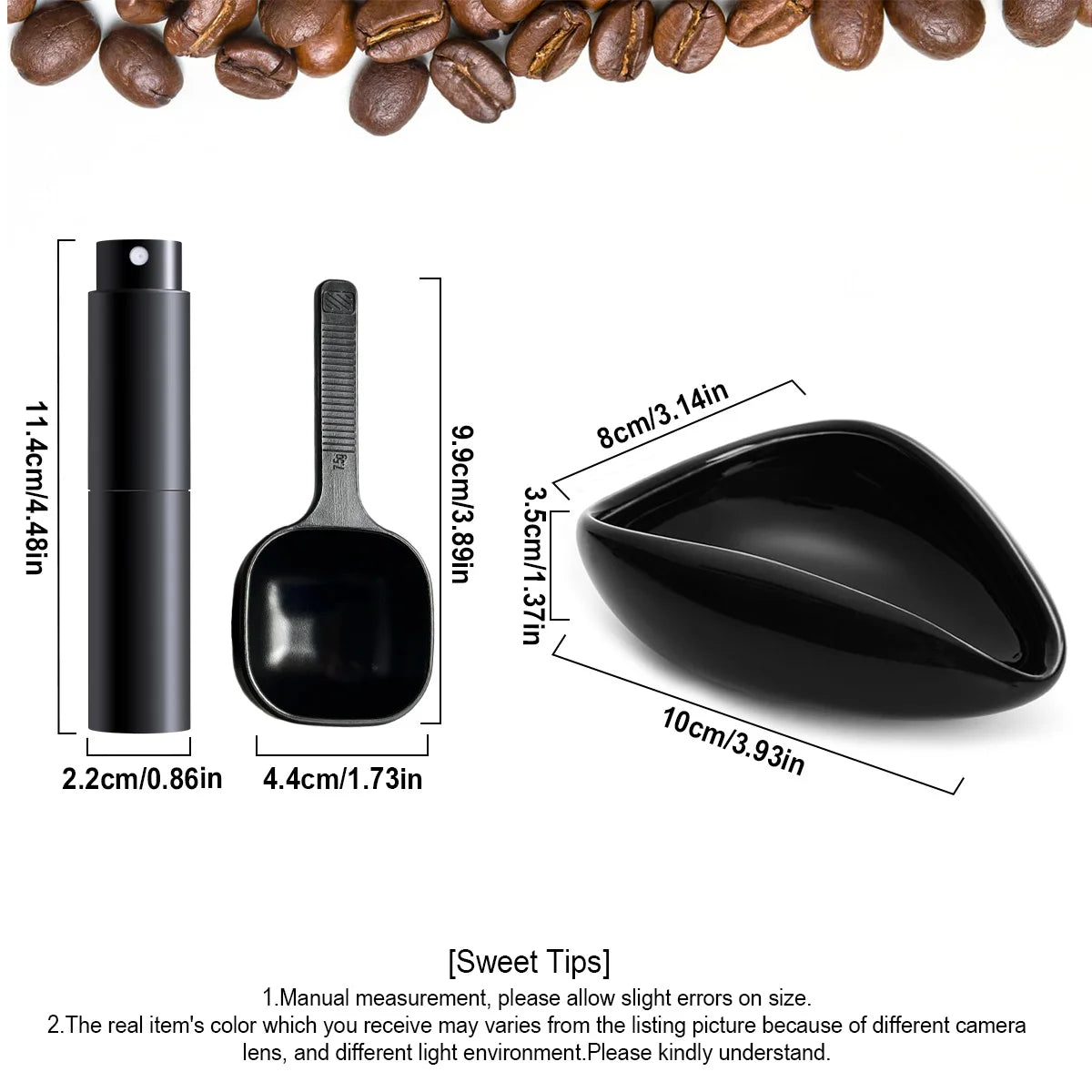 Black ceramic coffee dosing and spray kit with a vertical bottle, spoon, and dish