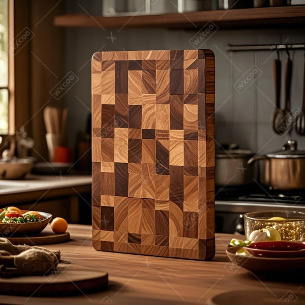 A thick acacia wooden double-sided cutting board with a geometric pattern resting on a wooden table.