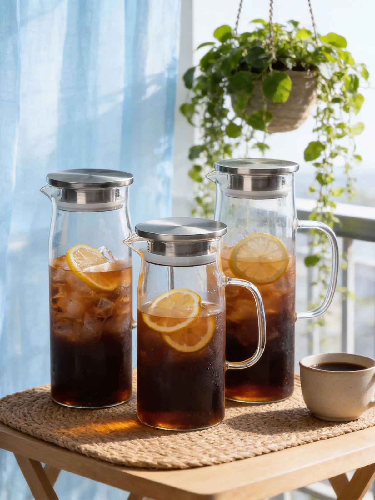 Three glass water pitchers with stainless steel lids filled with iced tea sit on a woven mat near a window.