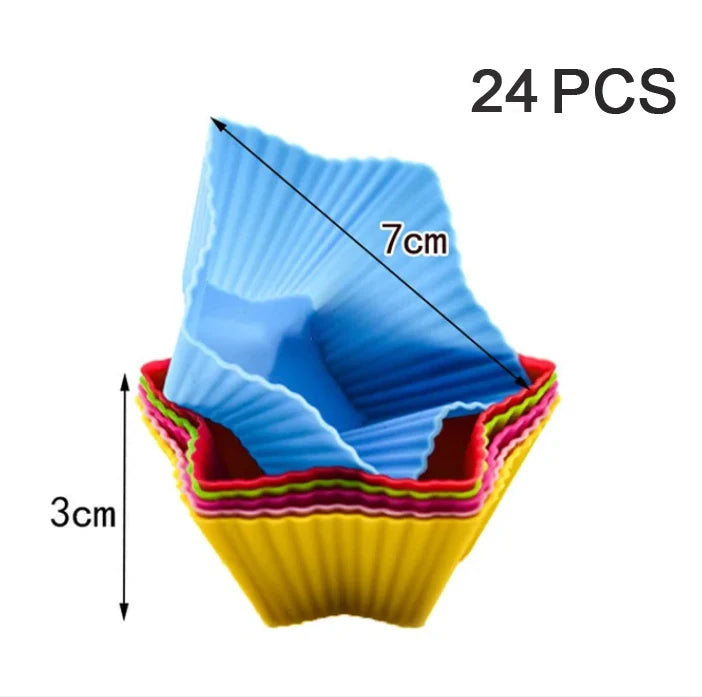 A set of 24 silicone muffin and cake baking molds in yellow and pink colors.