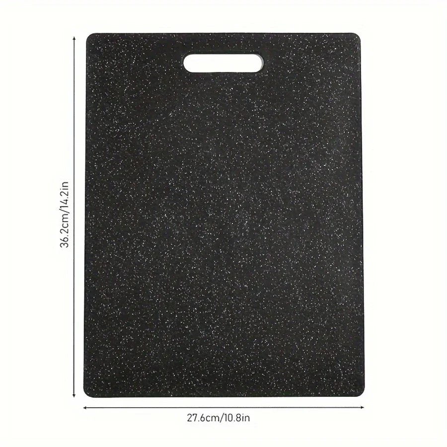 Black marble texture cutting board with a handle, measuring 36.2cm by 27.6cm.