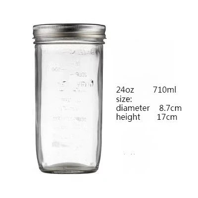 A clear glass mason jar with a metal lid, showing dimensions of 24oz size, 8.7cm diameter, and 17cm height.