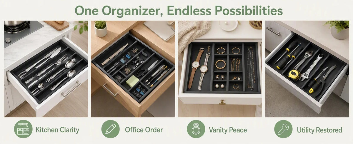 A set of expandable bamboo drawer organizers showing various kitchen and office items neatly stored in drawers.