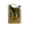 A small, brass-colored steel hip flask with a metal cap and loop for carrying.
