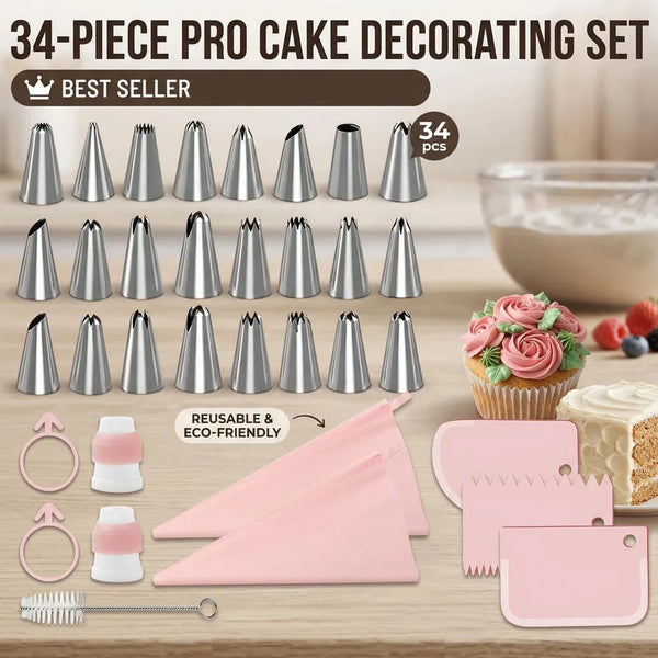 A set of 34 professional cake decorating piping tips, bags, and scrapers for baking.