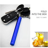 A blue collapsible drinking straw is shown next to a set of stainless steel telescopic straws and a cleaning brush.