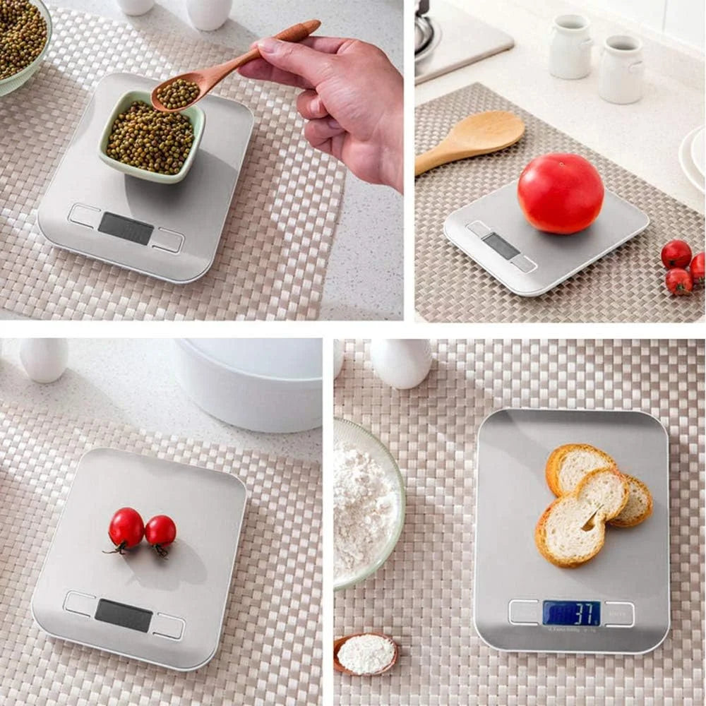 A precision digital kitchen scale is shown with various food items and a red apple on its platform.