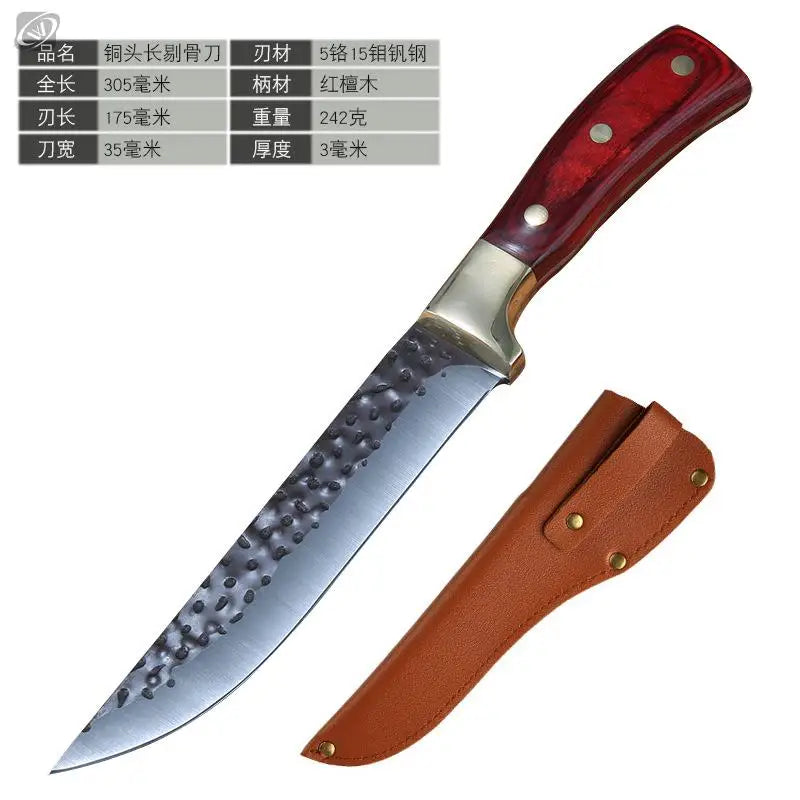 A set of three forged boning knives with stainless steel blades and wooden handles displayed on a white background.