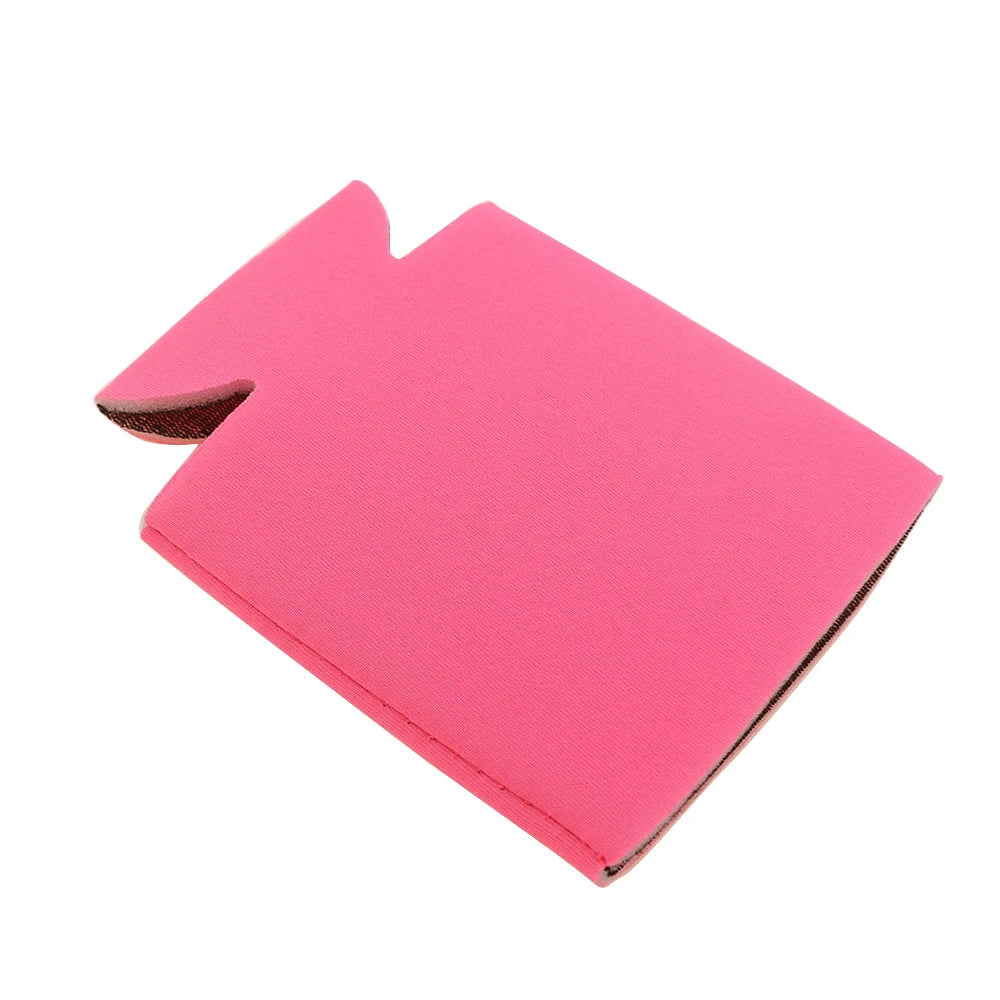 A bright pink neoprene drink sleeve for bottles and cans.