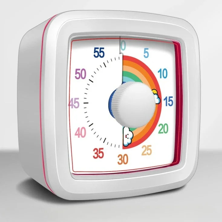 A white visual timer with a colored arc gauge showing time in minutes and seconds.
