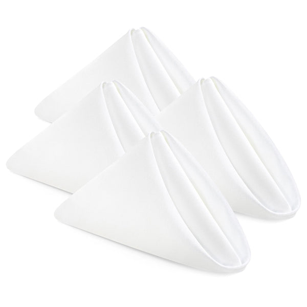A set of four white polyester cloth napkins folded into triangles.