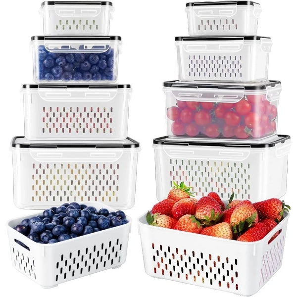 A set of six white sealed produce storage containers with drain baskets stacked and displayed.
