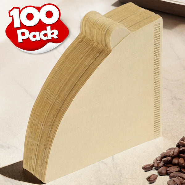 A box of 100 pack reusable cone coffee filters shown next to loose coffee beans.