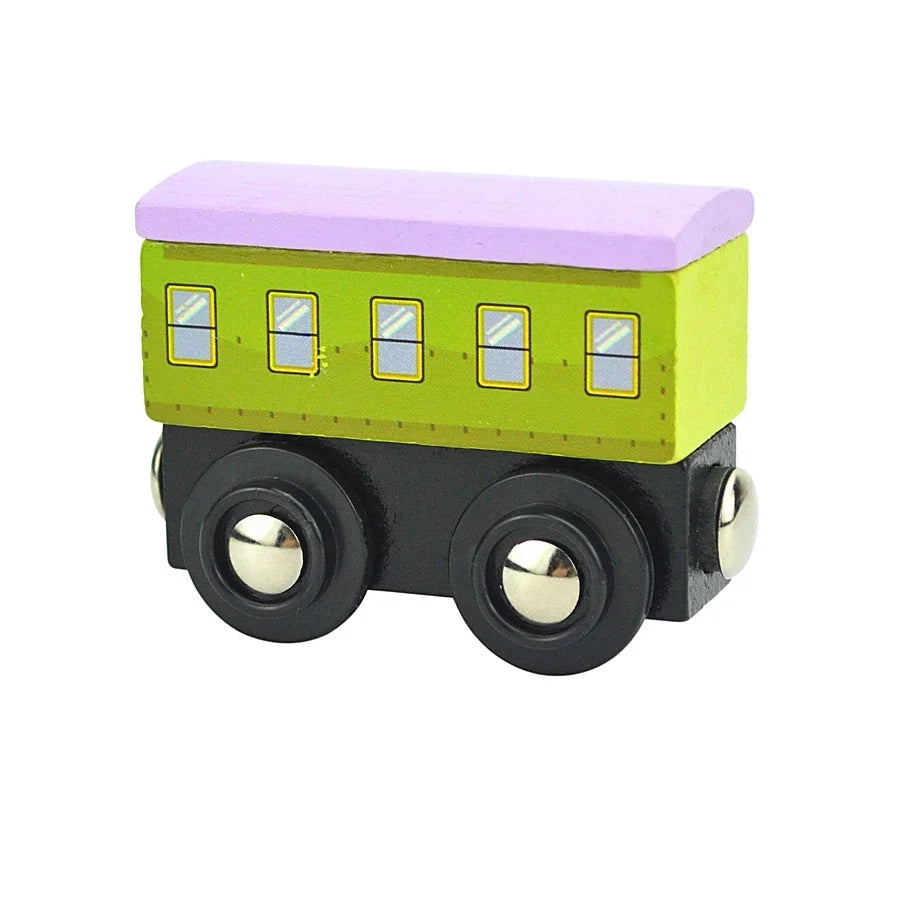 A yellow train car with a purple roof and black wheels.