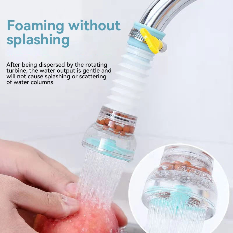 A hand is holding an extended rotatable water tap filter spray, showing water flowing gently without splashing.