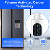 A white water filter cartridge is shown next to a refrigerator, illustrating the Polymer Activated Carbon Technology for filt