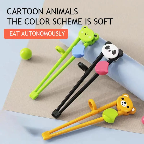 A set of kids training chopsticks featuring cute animal designs in soft green, blue, and pink colors.