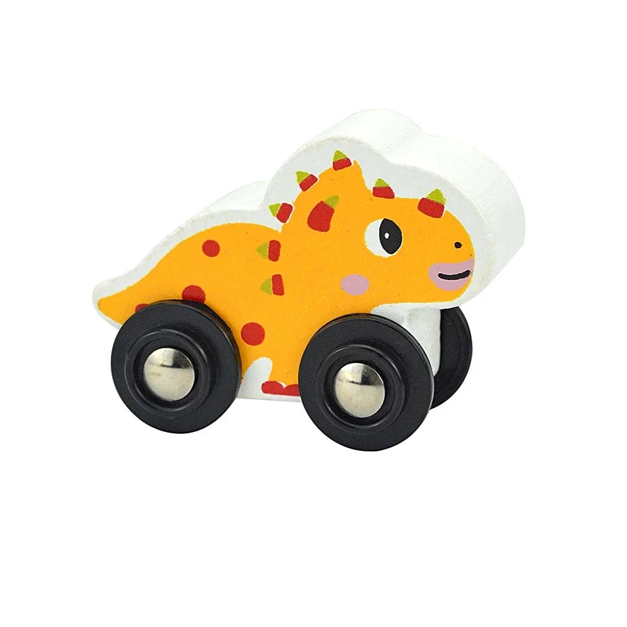 A yellow wooden magnetic train car shaped like a stylized animal with large black wheels.