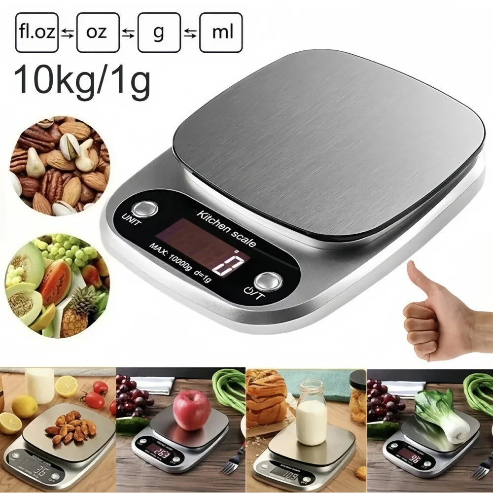 A precision digital kitchen scale is shown with various food items and measurements, demonstrating its use for weighing ingre