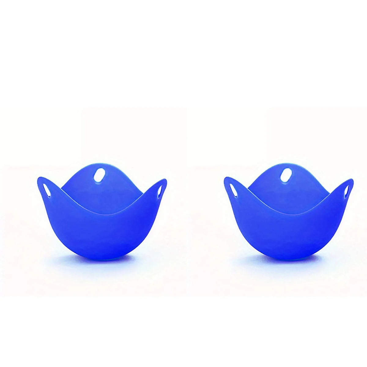 A pair of bright blue silicone egg poacher molds for use in a microwave or air fryer.