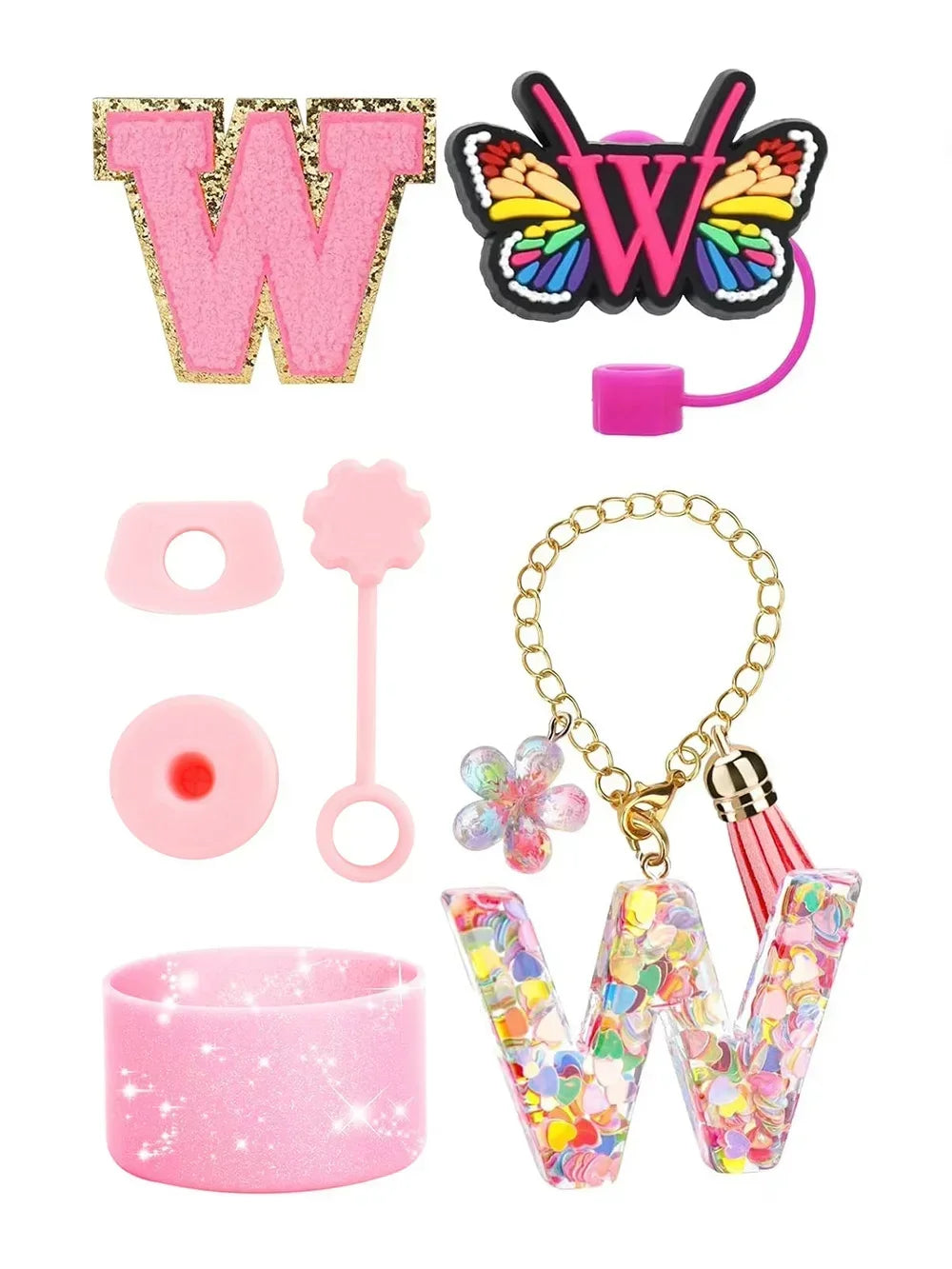 A set of silicone straw covers and a pink tumbler, including a glittery letter W and a butterfly design.