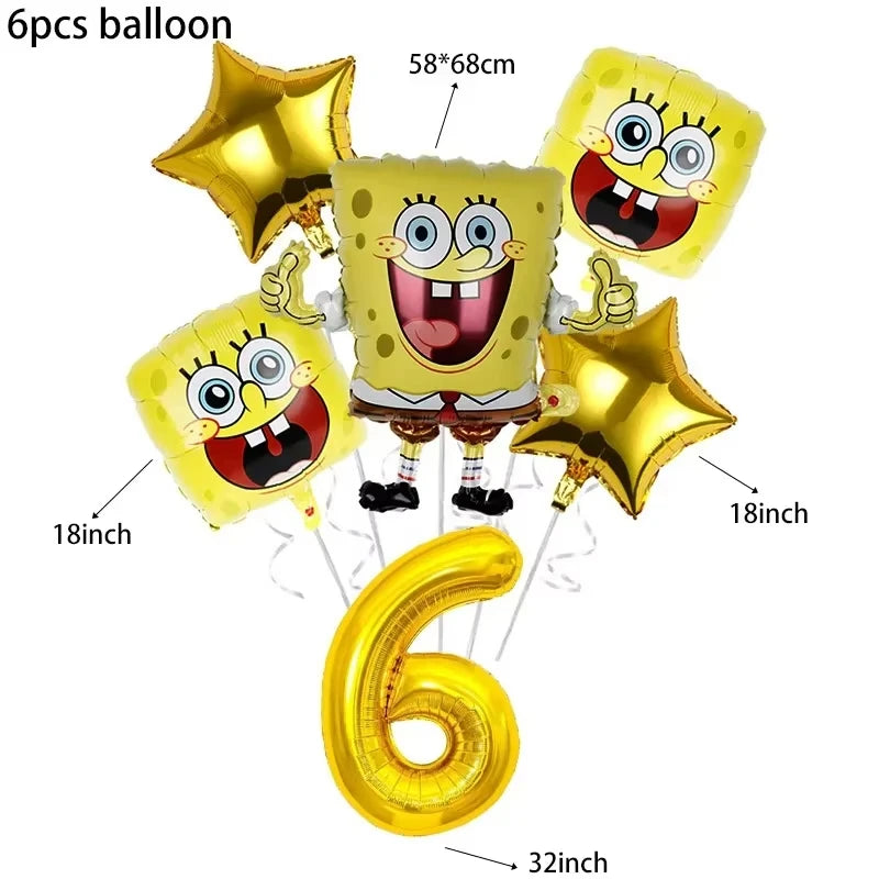 A set of six yellow and gold SpongeBob themed balloons, including a large number six balloon.