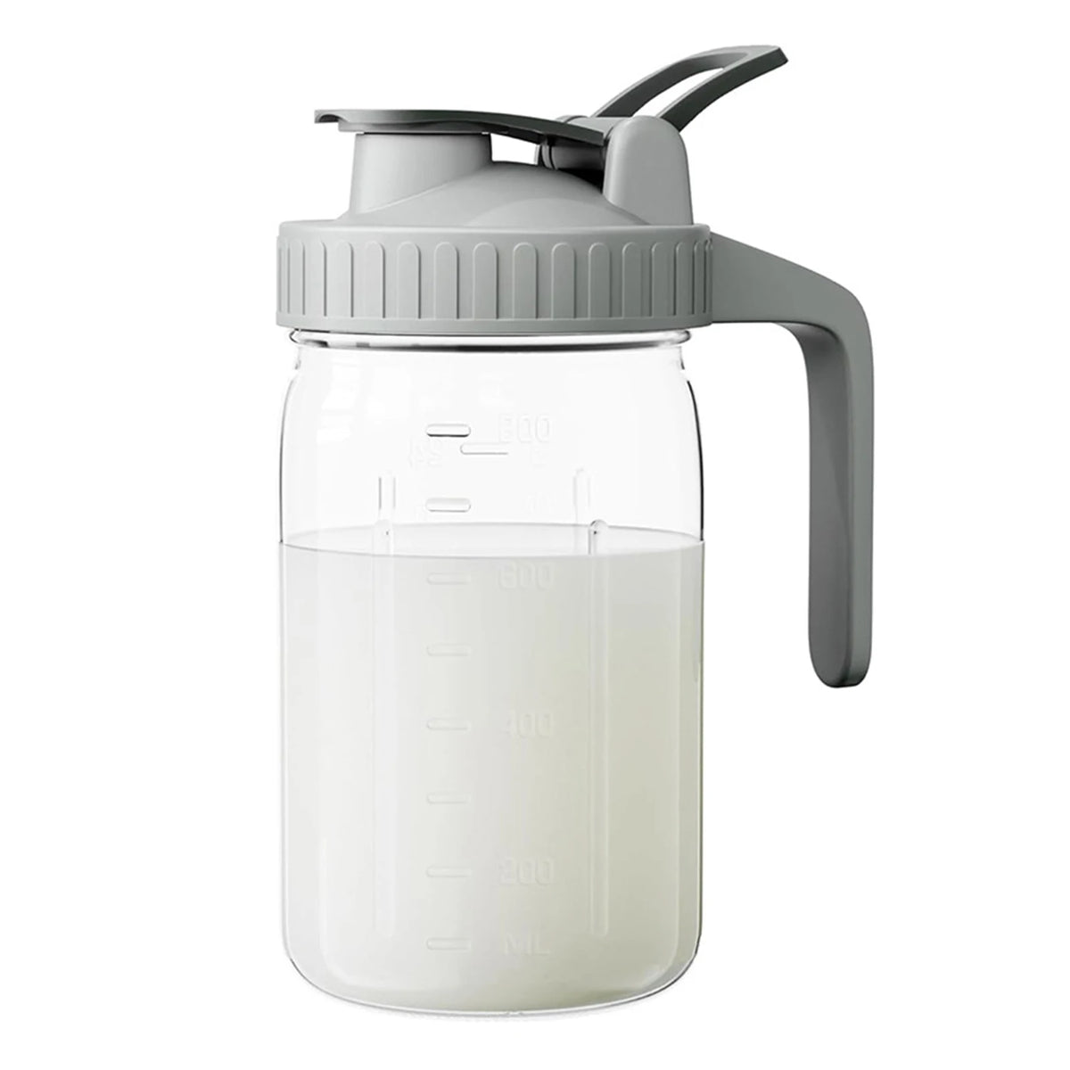Jarra de vidrio transparente con tapa y asa gris, para jugos y bebidas.