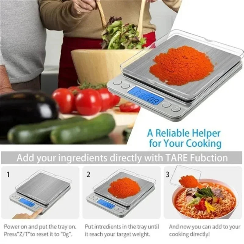 A digital kitchen scale showing how to add ingredients directly with TARE Fubtion