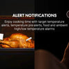 A digital meat thermometer displays a temperature reading and an alert notification on a screen.