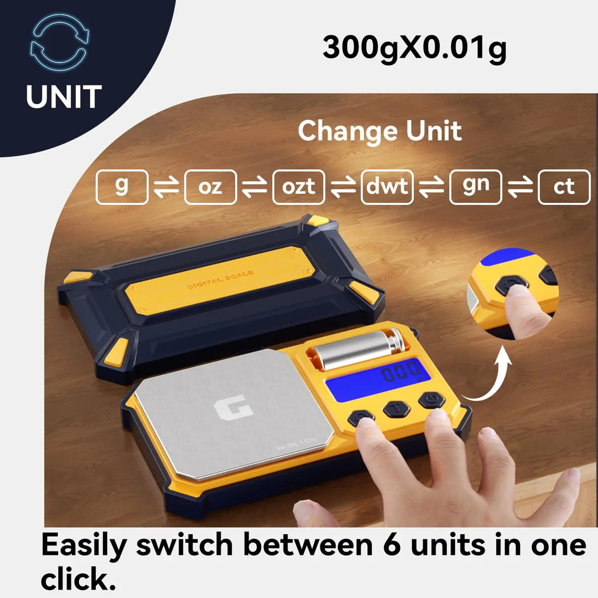 A hand is shown switching between six units on a digital scale, demonstrating easy unit conversion.
