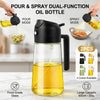 A clear glass oil bottle with a black pump dispenser is shown alongside oil being poured and sprayed for dual-function use.