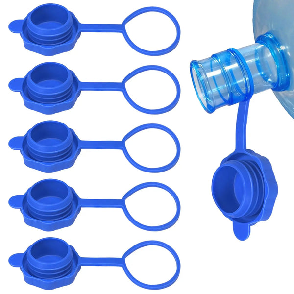 Set of five reusable silicone jug lids in blue for water bottles