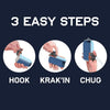 Three steps for opening a beer bottle using a hook, krak'in, and chug method.