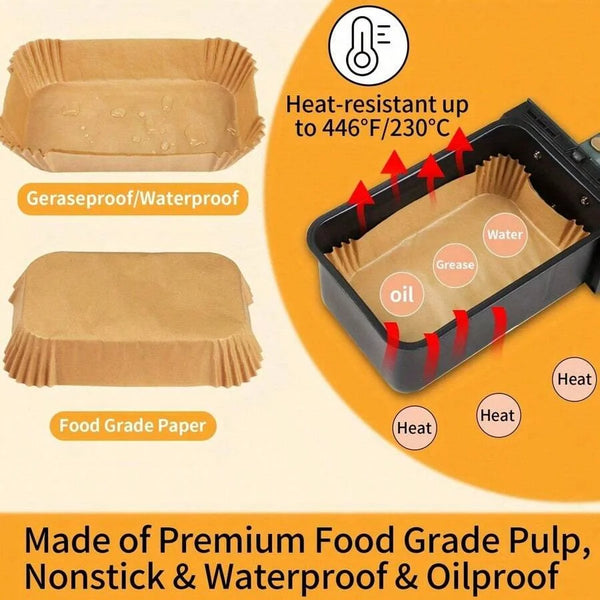 Reusable silicone baking mat shown with various food grade paper liners and heat resistance indicators