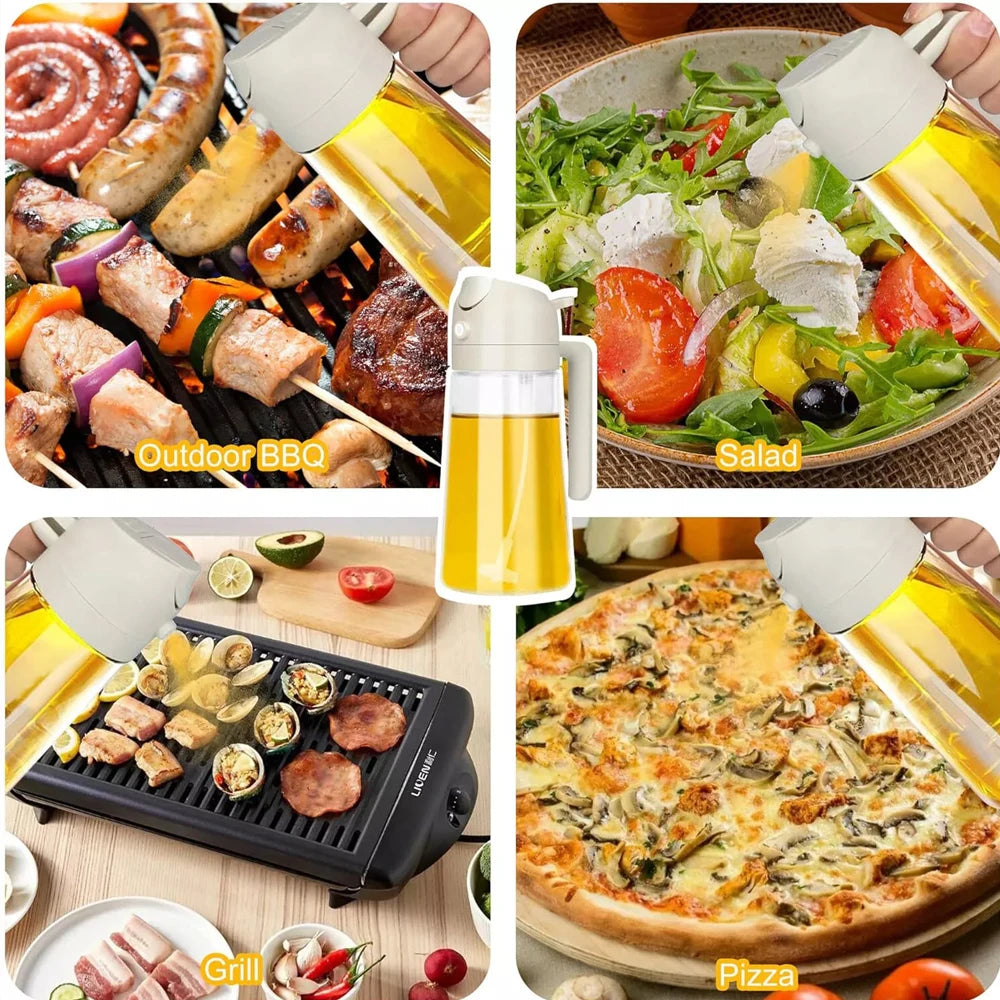 A collection of food items including BBQ meats, a fresh salad, and a pizza, all being drizzled with oil from a 2-in-1 oil spr