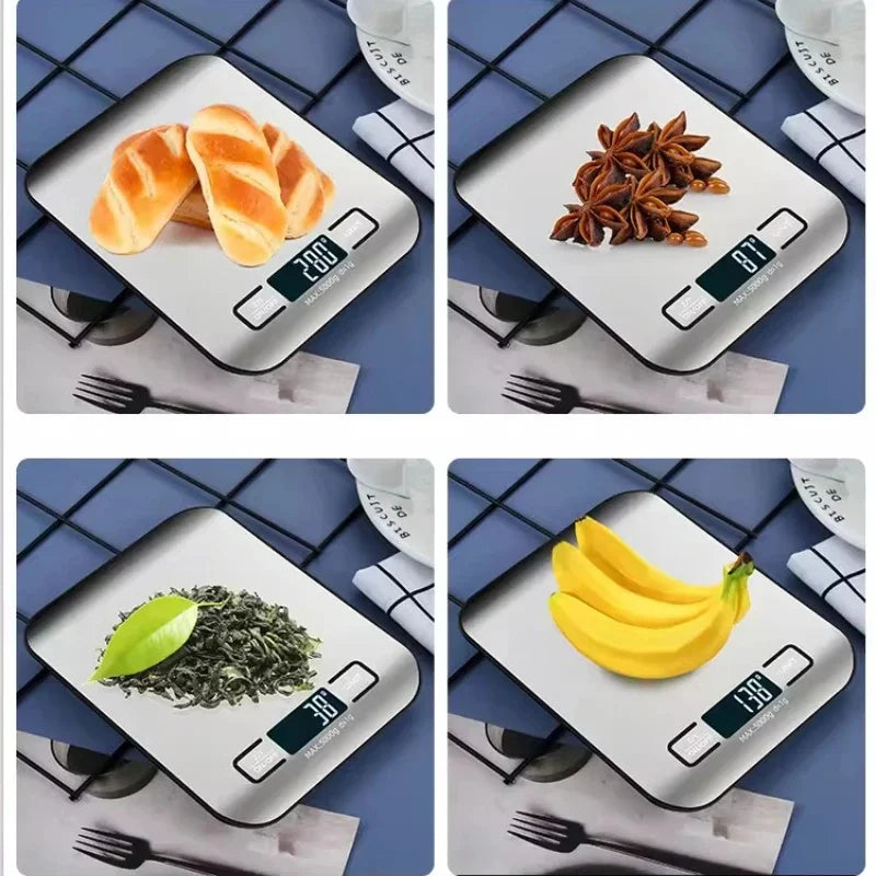 A precision digital kitchen scale displays various food items like bread, cinnamon sticks, and bananas.