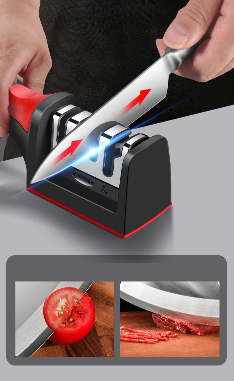 A hand is using a handheld knife sharpener with tungsten steel to sharpen a knife, showing the sharpening process.