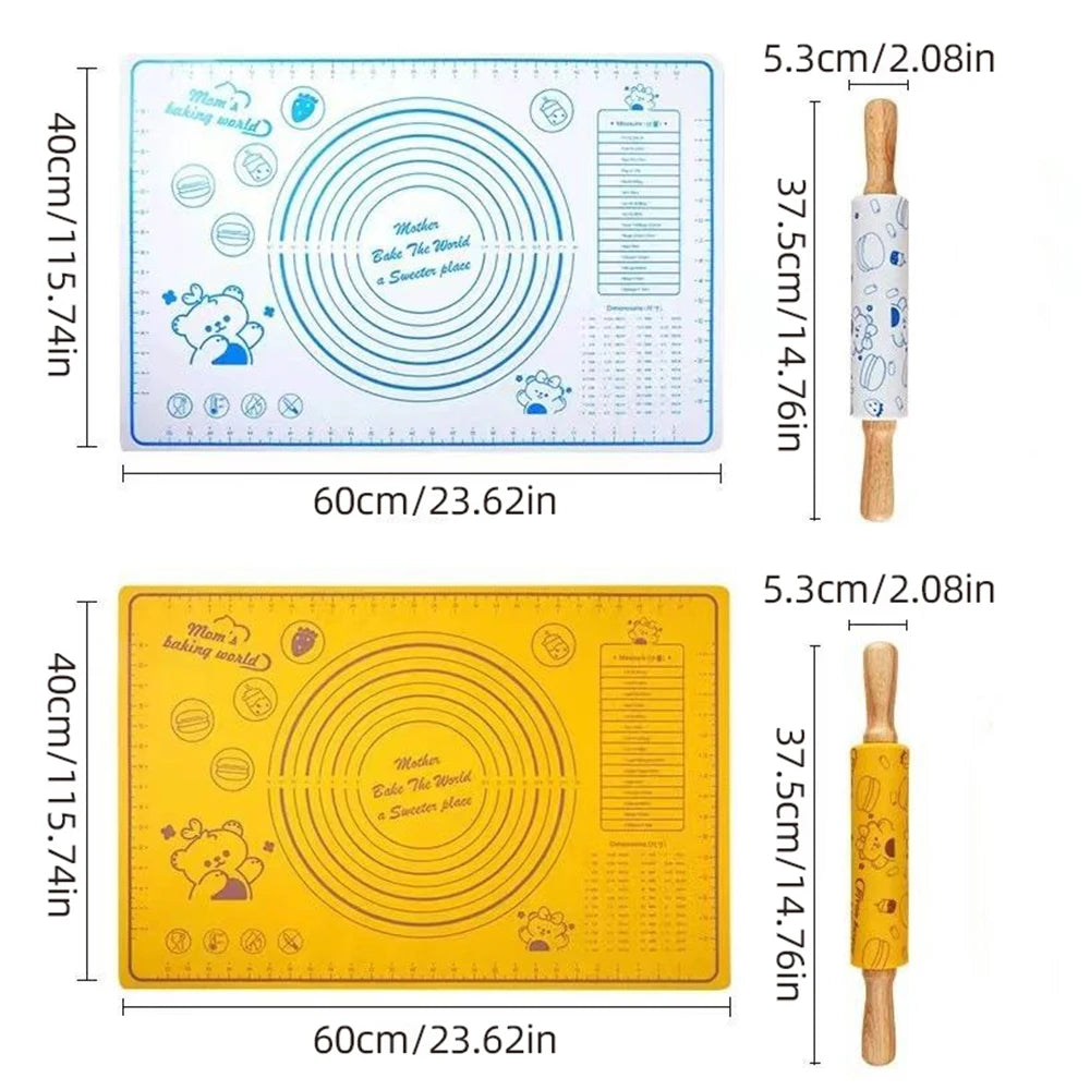 A yellow silicone rolling pin and baking mat set with measurement markings.