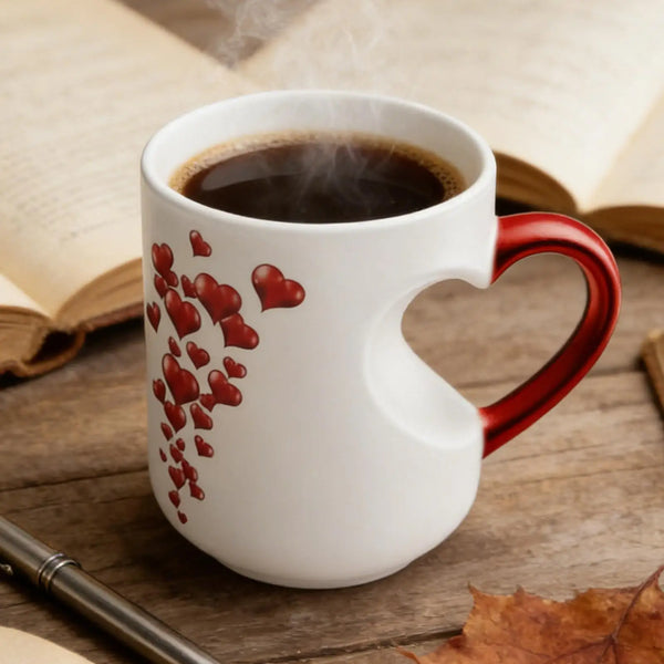 Weiße Keramiktasse mit rotem Herzmuster, dampfend, auf Holzoberfläche.