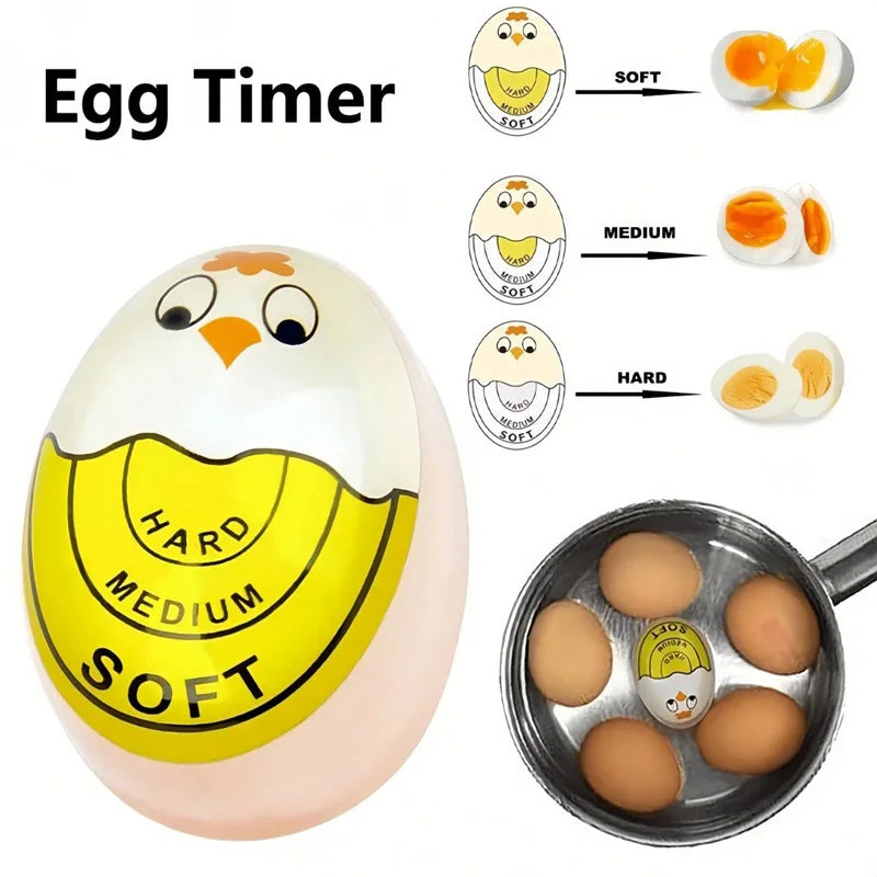 A yellow and white egg timer device is shown next to boiled eggs of varying hardness levels.