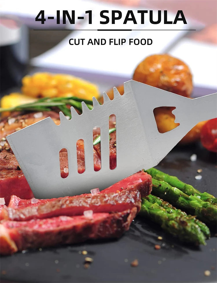 A 4-in-1 stainless steel spatula used for cutting and flipping food like meat and vegetables.