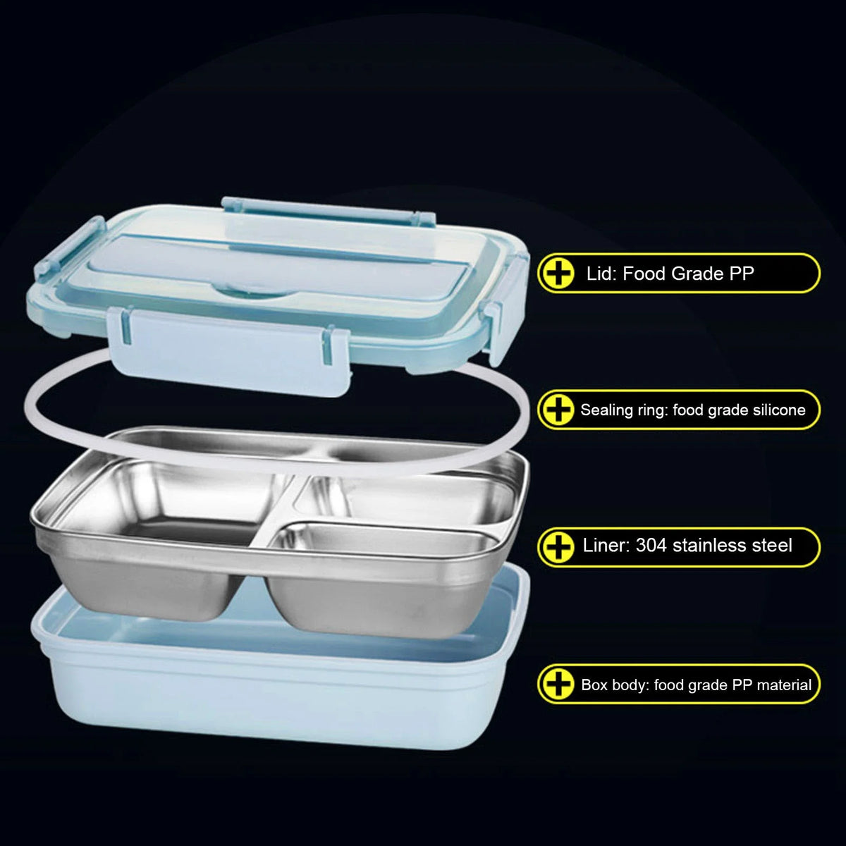 A set of stainless steel bento lunch boxes with lids and containers made from food grade PP material.