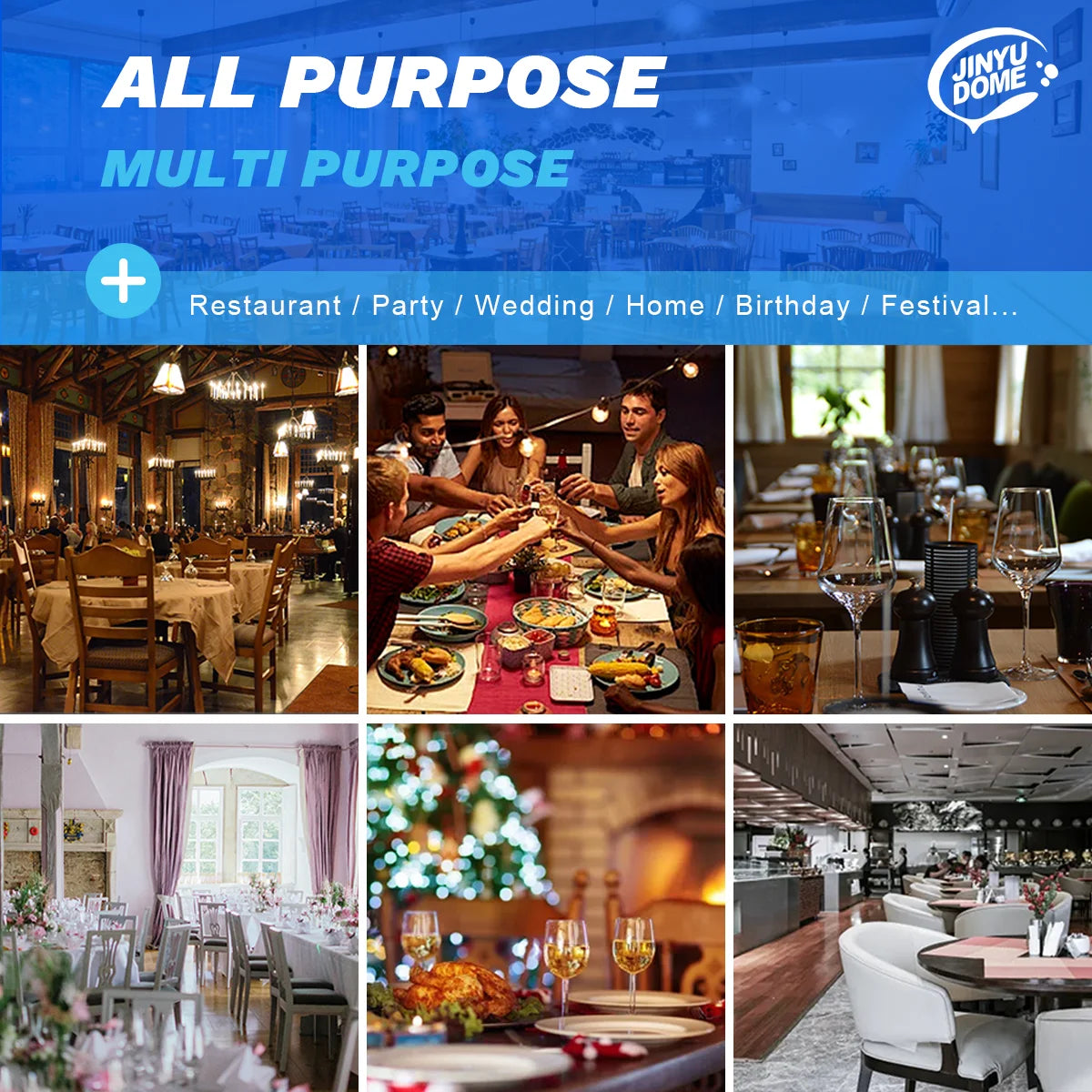 A collage of various events and settings including a restaurant, party, wedding, home, birthday, and festival.
