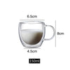 A clear double-wall glass drinking cup with a handle, measuring 6.5cm in height and 150ml capacity.